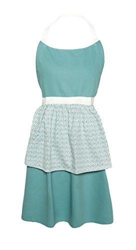 Sticky Toffee Cotton Women's Cooking Apron, Blue Medallion with Ruffle Skirt, Adjustable Tie