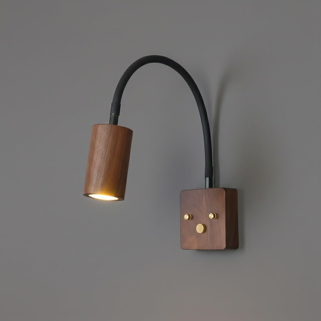 IvyLoutish Vintage Walnut Wood Ambient Wall Sconce, Industrial Flexible Gooseneck Wall Light, LED Hardwired Reading Lamp for Bedside, Bedroom, Study, Office, Hallway Task Lighting