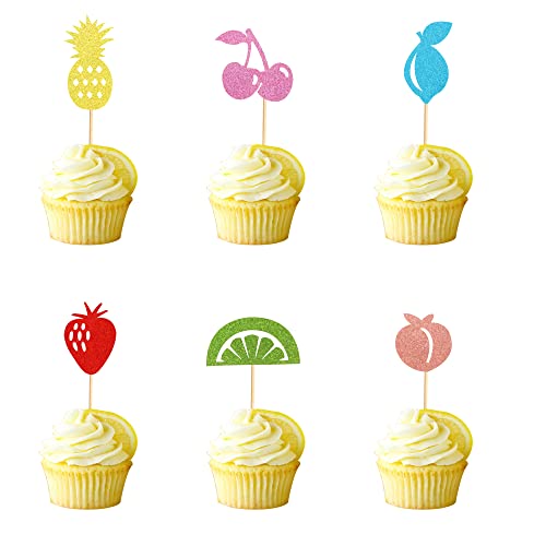 Arthsdite Pack Of 48 Pre-Assembled Colorful Fruit Cupcake Toppers Strawberry Cherry Pineapple Cupcake Picks For Summer Theme Birthday Party Decoration #TOP29