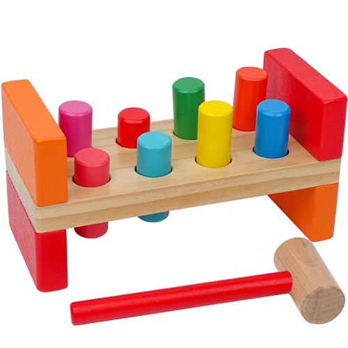 Hidoggy Wooden Hammer Toy for Toddlers 1-3 Montessori Pounding Bench Toy with 8 Pegs and Mallet for Hand-Eye Coordination STEAM Toddler Toy
