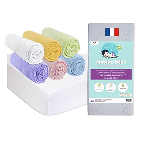 Easy Dort KIT Pratique Bebe | Matelas 40x80 Berceau Nacelle Couffin Bébé + 6 Draps Housse Coton Mixte + 2 Alèses Coton | Kit Complet lit bébé | Certifié Oeko-Tex | Fabrication France & UE