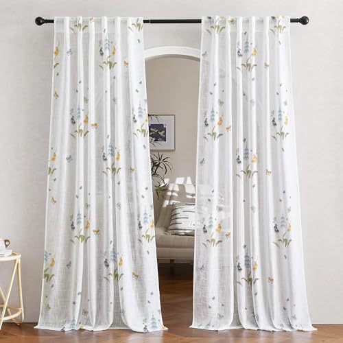 Image of Tranquebar Curtain Co. Sheer Curtains 7 Feet Long Set of 2, Linen Textured Sheer Fabric, 20-30% Light Filtering, Blue Floral Print, White Sheer Curtains 7 Feet, BackTabs, Titli (213 cm) - Set of 2
