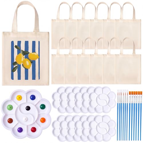 Paterr Canvas Tote Bag Painting Kit, 12 Sets with 12 Blank Cotton Tote Bags, 12 Palettes and 24 Brushes for Paint Party, Art Class, Girls Night and Bachelorette Activities
