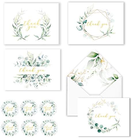 AMNADOF 100 Eucalyptus Gold Foil Thank You Cards Bulk - Blank Note Cards with Greenery Envelopes – Include Stickers, Perfect for Wedding,Baby Shower, Bridal Shower and All Occasions