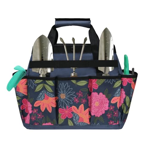 MYDAYS Canvas Garden Tool Tote Bag, Heavy-Duty Gardening Pouch, Vegetable Herb Garden Hand Tool Storage Tote, with 8 Pockets and Leather Handle, Floral Gardening Gift, Tools Not Included (Gr