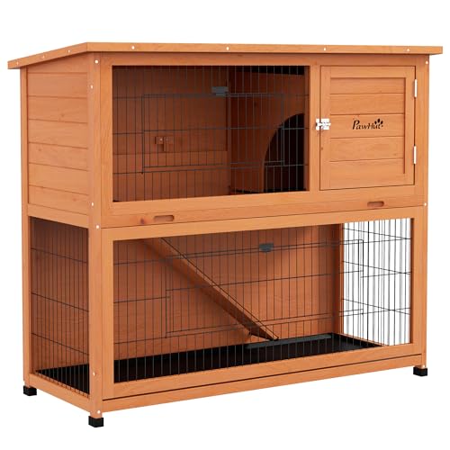 PawHut Rabbit Hutch Guinea Pig Hutch Wooden with No-Leak Tray, Asphalt Roof, Base, Antiseptic Wood Outdoor for 1-2 Rabbits 120 x 50 x 102cm - Orange