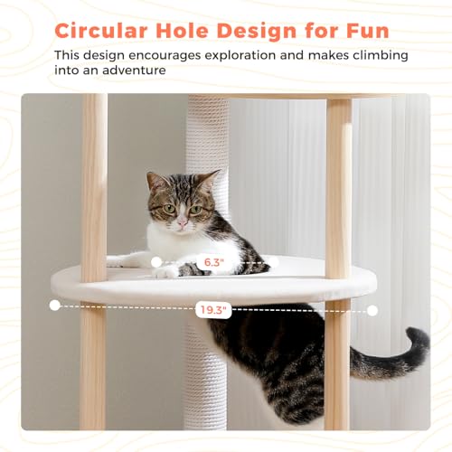Image of 49 inch Wood Cat Tree Tower for Indoor Cats, 5-Level Modern Cat Tower with Curved Top Perch, Fully Cotton Scratching Posts & Natural Wood Posts, Cat Furniture with Interactive Dangling Ball, Beige