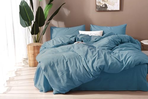 Image of F.Y.Dreams 100% Washed Cotton Duvet Cover for Weighted Blanket 60x80 inches with 16 Ties, Zipper on Long Side /Slate Blue /Just Duvet Cover