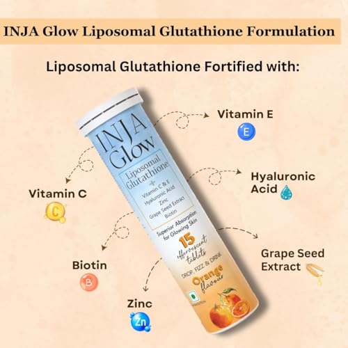 Image of INJA Glow Liposomal Glutathione with Vitamin C & E, Hyaluronic Acid, Zinc, Biotin & Grape Seed Extract, Reduces Dark Spots, Enhances Skin Glow & Collagen, Orange Flavour, 15 Tablets (Pack of 4)
