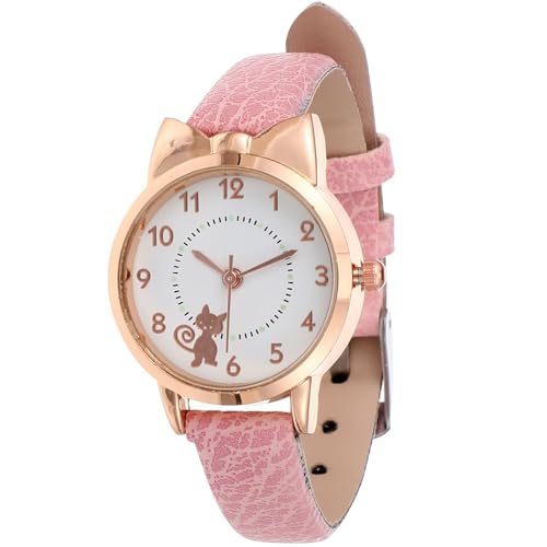PartyKindom Reloj de pulsera analógico de cuarzo con correa de piel, bonito reloj de pulsera de gato para niñas y niños, Como se muestra en la imagen., Correa