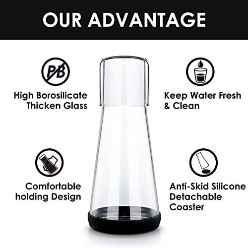 Quyimy Bedside Water Carafe with Glass,Water Carafe Set including Tumbler Glass for Nightstand Bedroom Bath,Night Clear Carafe with Cup & Black Silicone Coaster for Mouthwash,Water,Juice,(30 oz/850ml) - Image 3