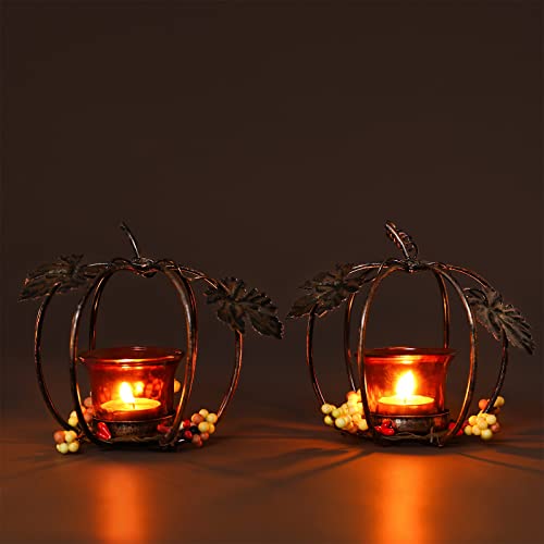 Halloween Pumpkin Candle Holders Set Of 2, Iron Wire Leaves Lantern Ornament With Berries, Vintage Hallowmas Tea Candle Holders Party Decoration, All Saint's Day Centerpiece Home Decor(Cups Included) #TOP7
