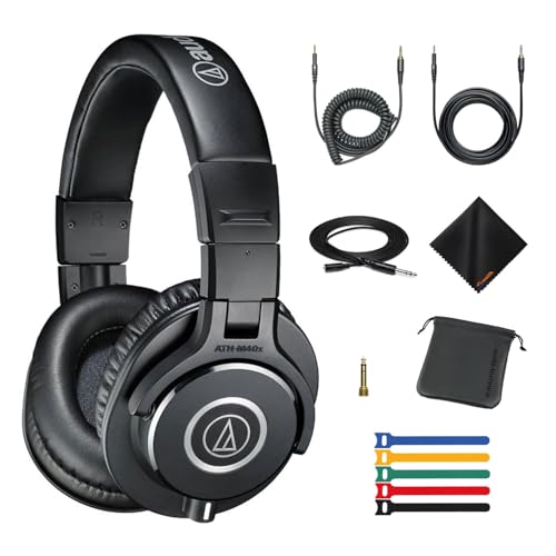 Audio-Technica ATH-M40x Closed-Back Professional Monitor Headphones (Black) with Hosa Technology 25' Extension Cable, Waith Reusable 6' Cable Ties (5 Colors) & Microfiber Cloth Essential Bundle