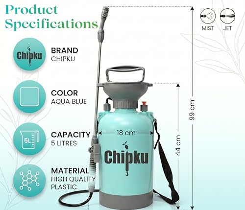 Image of Chipku 5 Litre Garden Spray Pump with Sprinkler Nozzle | Durable Lightweight Plastic Water Can for Home, Balcony & Outdoor Plants | Easy Pour Long Spout (Blue)