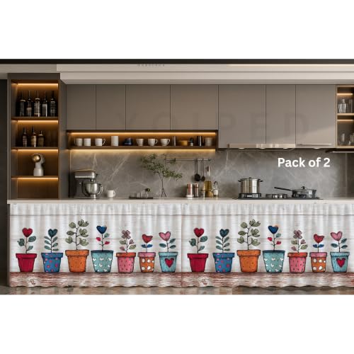 Image of Under Sink & Counter Curtain for Modular Kitchen - Printed Fabric Rod Pocket Hanging Skirt, Washable Under-Counter Cover, Pack of 2 Panels (Each Panel: 150 x 70 cm) (Flower Port)