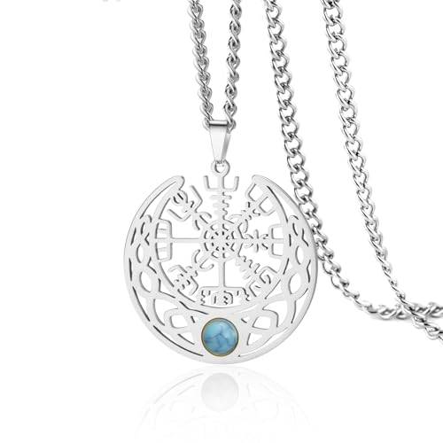 VASSAGO Collar vikingo nórdico Brújula de acero inoxidable Vegvisir Colgante Media Luna con nudo celta turquesa Talismán Amuleto Joyería, Ajustable, Acero inoxidable, No es una piedra preciosa