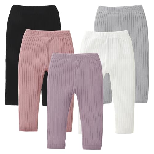 DREAM BUS 5 Pack Toddler Girl Pants Baby Girl Solid Ribbed Pants Toddler Girls Bottoms Leggings Newborn Cotton Jogger