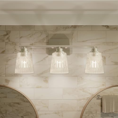 Image of Globe Electric 4-Piece All-in-One Bathroom Set, Chrome Finish, 3-Light Vanity Light with Clear Ribbed Glass Shades, Towel Bar, Toilet Paper Holder, Towel Ring