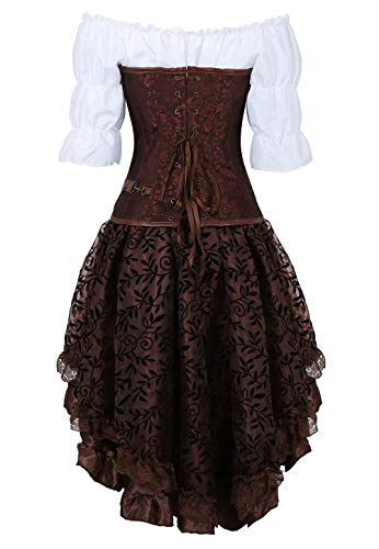 Steampunk Corset Dress 3 Piece Outfits for Women Leather Bustiers Gothic Lace Pirate Skirt Retro White Blouse Brown 4XL steampunk buy now online