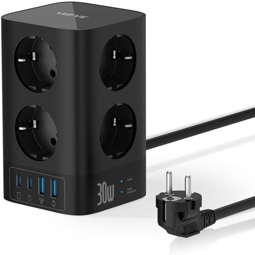 VEFVE Regleta Vertical 4000W, Torre de Enchufes con USB C 30W GAN, 8 Tomas y 4 USB, Protección Sobretensión, Cable 2m, Negro