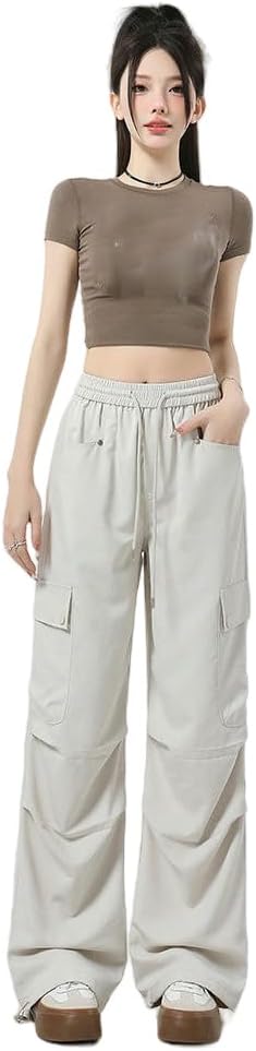 JYHBHMZG Women's Summer Lightweight Loose Fit High Waist Casual Wide Leg Hiking Cargo Pants Elastic Waist