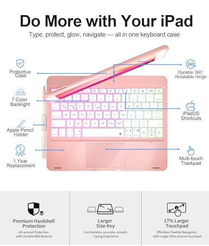 Image of Baisla iPad 9th Generation Case with Keyboard 10.2 inch(2021), 360 Rotatable with Trackpad & Rainbow Backlit,iPad Keyboard case for 9th /8th /7th, iPad Air 3, iPad Pro 10.5 (Rose Gold)