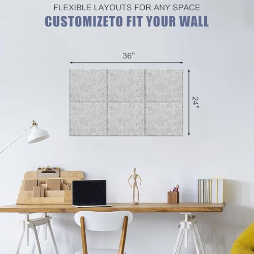 Kork Board Alternative 90 x 60 cm Pinnwand für Home Office Küche Fotos Memos – 6 Stück abnehmbare Filz-Wandfliesen mit 20 Reißzwecken – Silbergrau