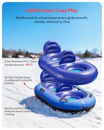 QPAU 2-Person Inflatable Snow Tube with Dual Backrests & Tow Rope, Heavy Duty Canvas-Covered Blow Up Snow Sled with Handles, Fast Inflation Air Valves, Premium Snow Tubes for Kids & Adults (Blue)