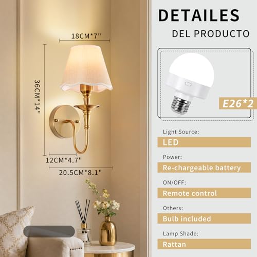 Image of EIDISUNY Battery Operated Wall Sconces Set of 2, Rattan Wall Sconce with RGB Rechargeable Dimmable Bulbs, Brass-Color Wireless Wall Sconce with Remote for Bedroom, Living Room, Hallway