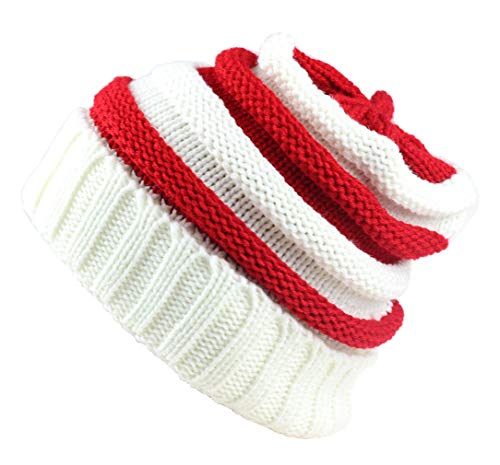 Sven Home Soft Slouchy Beanies Knit Warm Winter Unisex Cap Thick Women's Men Hat Christmas Hat (White/Red) #TOP3