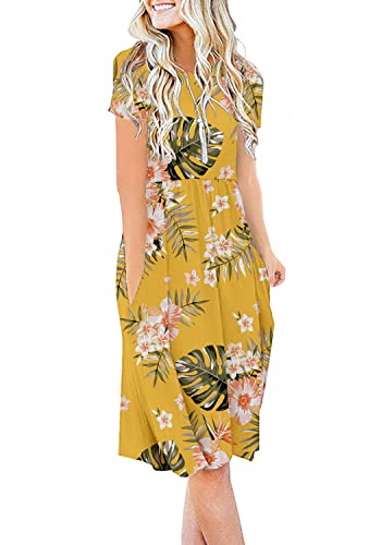 Image of DB MOON Women Summer Casual Short Sleeve Dresses Empire Waist Dress with Pockets (Yellow Floral, L)
