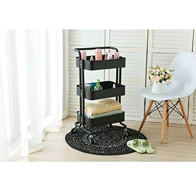 Movable Hand Trucks Trolley Bathroom Shelf Multifunctional Storage Rack with Net Basket Mass Storage 3-Tier Slide Out Storage Cart Multifunctional Used in Office, Bedroom/Black/85X45X35Cm-2y5e9BOh