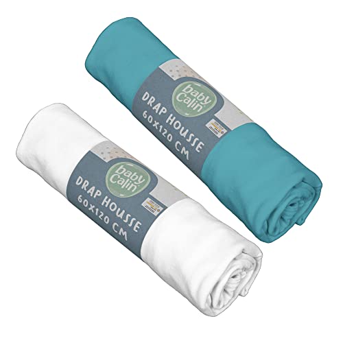 BabyCalin - Lot de 2 draps housse 60x120x15cm Bleu tropical/blanc certifié OEKO-TEX