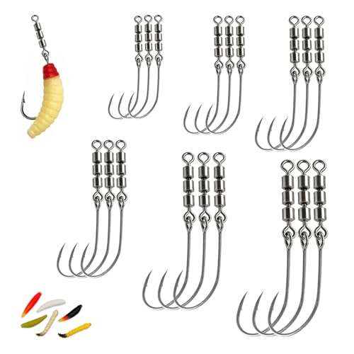 18 Stück Angelhaken mit Widerhaken, 6 Größen Rotierende Wirbelhaken für Forellen Angeln – Rotate Fishing Rig Hooks, Forellen Rotor Haken Angelwirbel, Perfekt für Meeres- und Süßwasserangeln