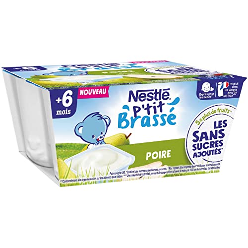 Nestlé Bébé - P'tit Brassé Laitage Poire sans sucres ajoutés - dès 6 mois - 4 x 90g