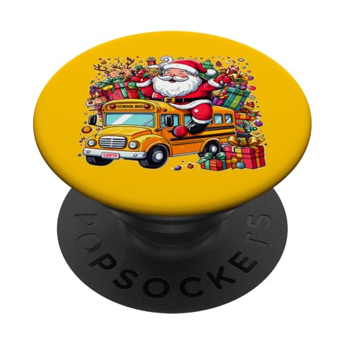 Santa Riding School Bus Driver Kids Funny Christmas Doodle PopSockets PopGrip Interchangeable