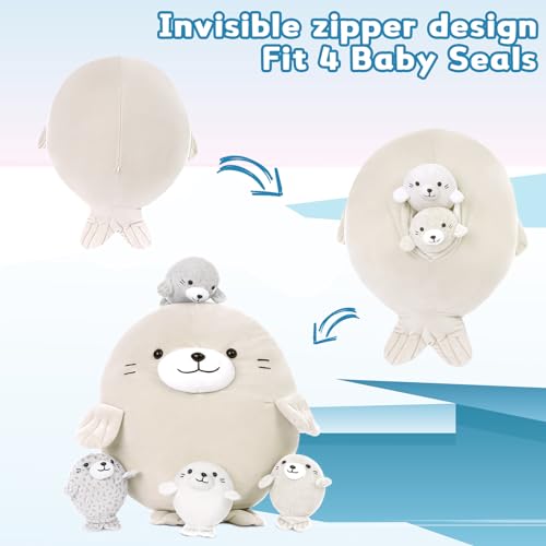 Image of MaoGoLan 5Pcs Fat Seal Plush with 4 Babies Inside - 20 inch Giant Ultra Soft Seal Stuffed Animal Throw Pillow - Squishy Mother-Babies Collection Gift for Seal Lover,Kids,Boys, Gray