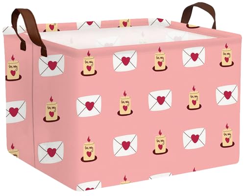 Image of Large Valentine's Day Basket Heart Shaped Storage Bin for Gifts Collapsible Organizer Room Decor (Pink Candle Envelope Love)