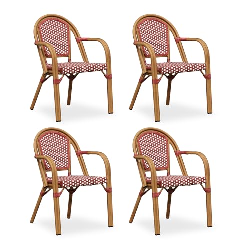 Image of PURPLE LEAF Outdoor French Bistro Armchairs Set of 4, Bamboo Finish, Red