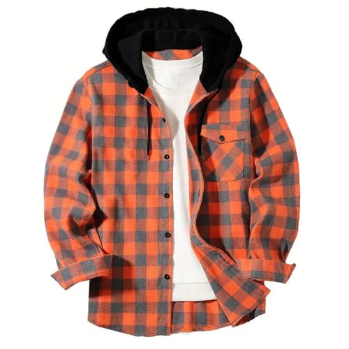 Hooded Flannel Shirt for Men Casual Button Down Plaid Shirt Jaket Fashion Cotton Long Sleeve Hoodie with Pocket2
