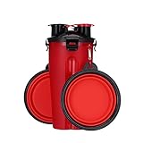 FreeDote Leak-Proof Portable Travel 2-in-1 Food & Water Bottle for Dogs, 2 Folding Bowls, One-Shoulder Lanyard, Portable Pet Supplies（Red）