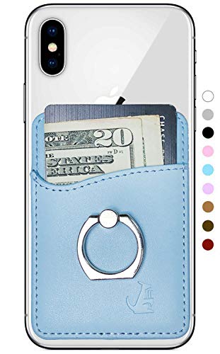 WALLAROO Leather Phone Card Holder Stick On Wallet for iPhone and Android Smartphones (Pastel Blue Ring Wallet)