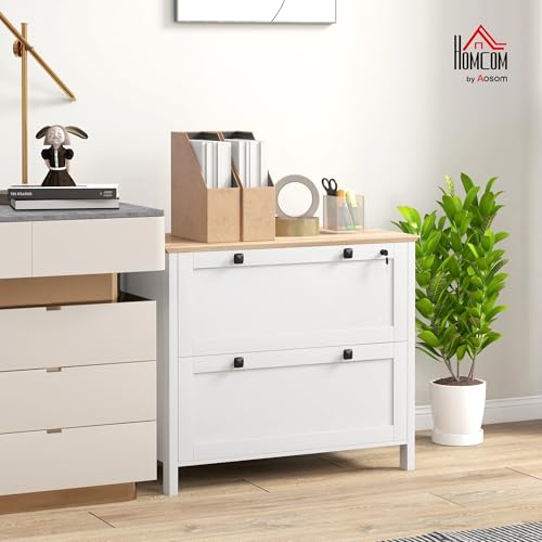 Miniatura 2 de Homcom Cajonera De Oficina Mueble Archivador Con 2 Cajones 2 Barras Para Colgar 2 Llaves Y Cerradura Para Papel Tamaño A4 Para Estudio Sala De Estar 79x40x72 Cm Roble Y Blanco