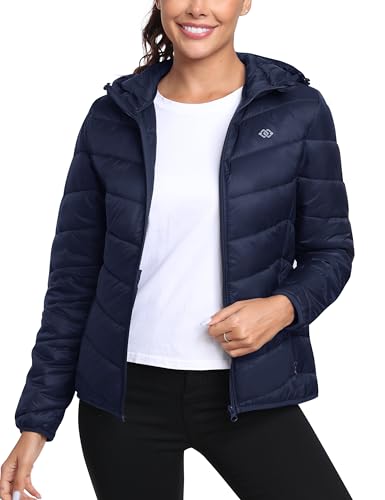 MoFiz Jaqueta feminina acolchoada com capuz, leve, acolchoada para inverno, quente, com zíper, com i
