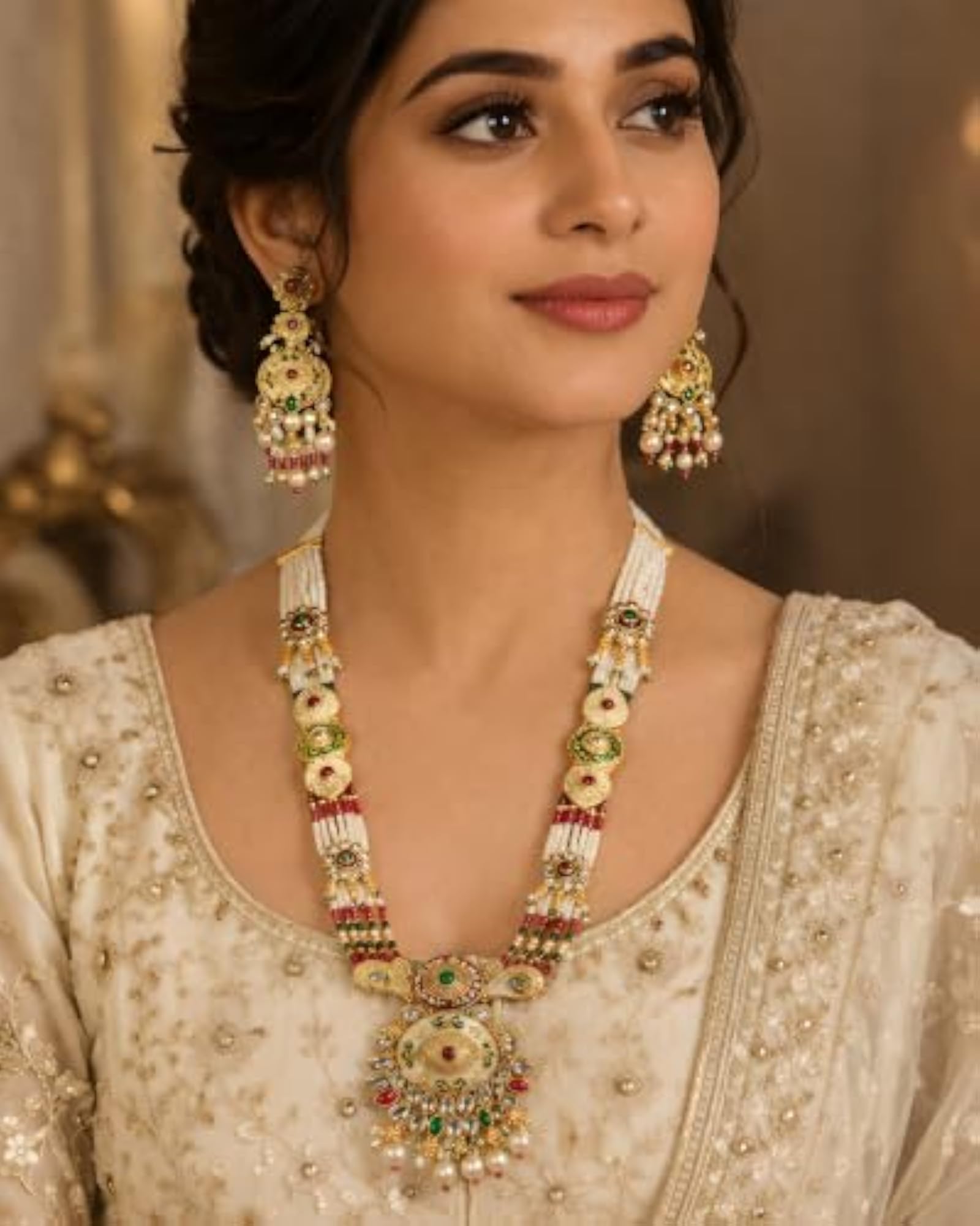 Traditional Kundan Pearl Long Necklace Set with Earrings