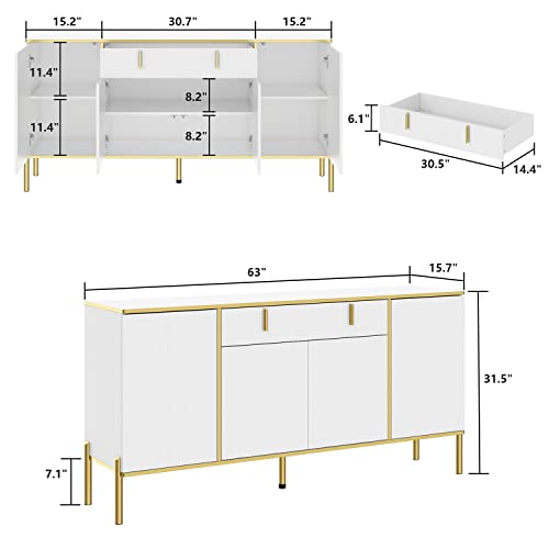 Ecacad Modern Sideboard Buffet Storage Cabinet With Ripple Doors, Drawer & 6 Storage Compartments, Kitchen Cupboard Console Cabinet With Metal Legs For Living Room, Entryway, White & Gold #TOP1