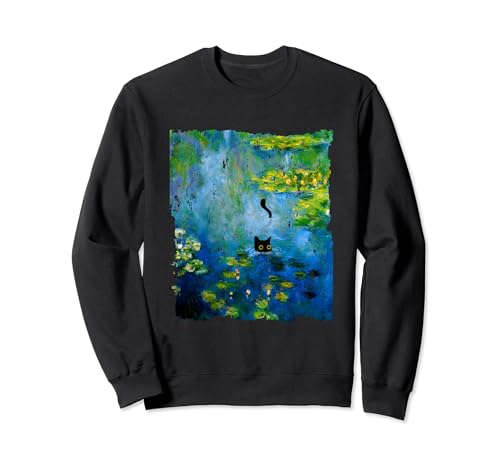 Black Cat Monets Waterlily pittura arte amante dei gatti Felpa