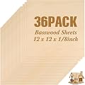 36 Pack Basswood Sheets Plywood Board 1/8 Inch Unfinished Wood Boards for Crafts for DIY Laser Projects Architectural Model Making Mini House Building Hobby Wood Burning (12 x 12 x 1/8 Inch)