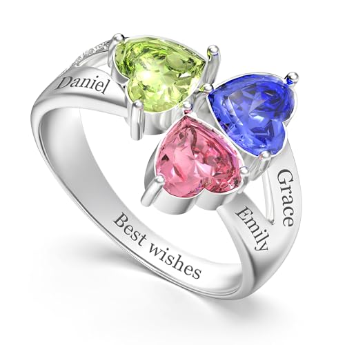 Easycosy Personalized Birthstone Rings for Women - Custom Name Engraved