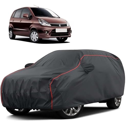 Image of Sulfar 100% Water Resistant Car Body Cover Compatible with Mirror for Maruti Suzuki Zen Estilo (Triple Stitched, Full Bottom Elastic, Dark Grey Taffeta with Red Piping)